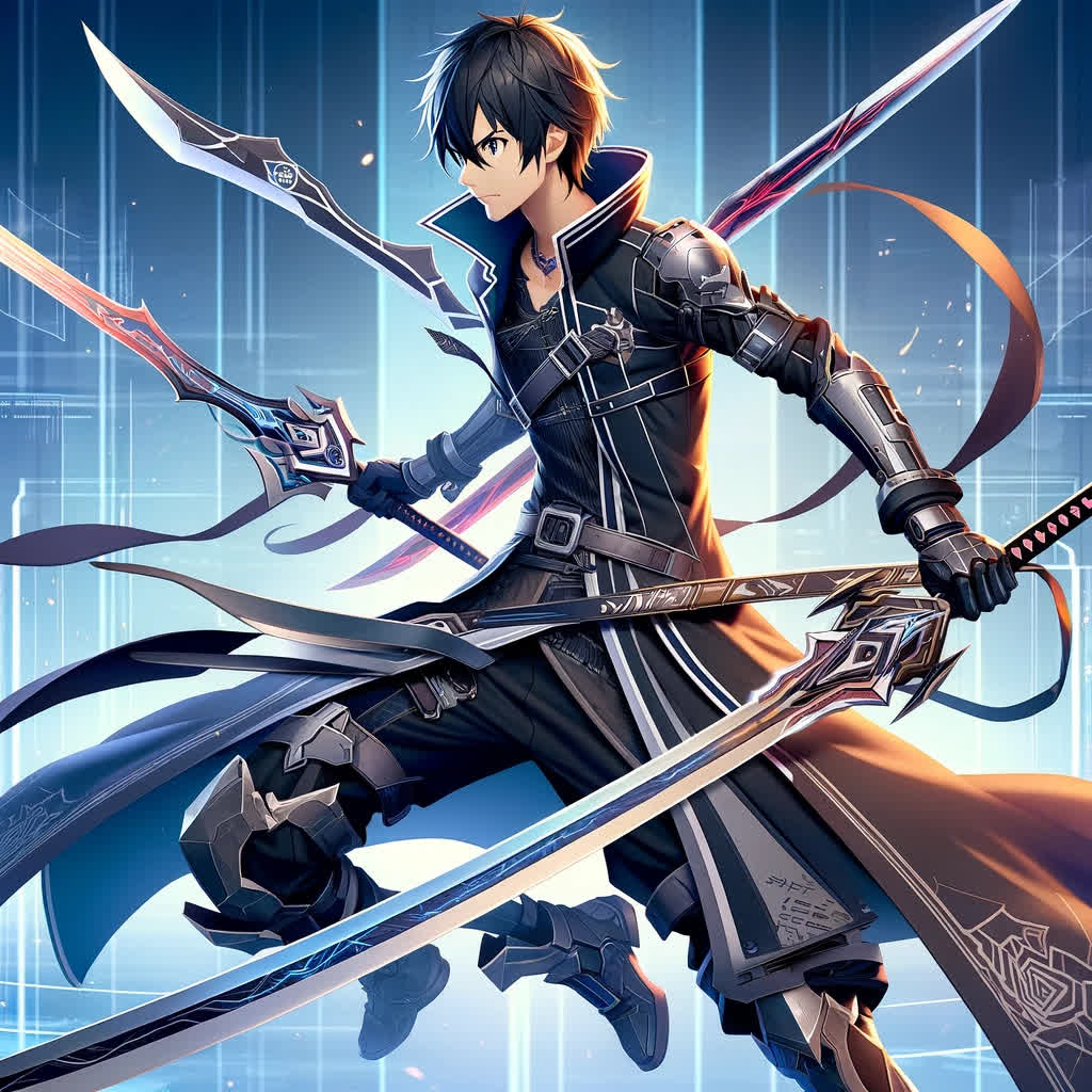 Kirito, the main character of Sword Art Online, dual-wielding swords.
